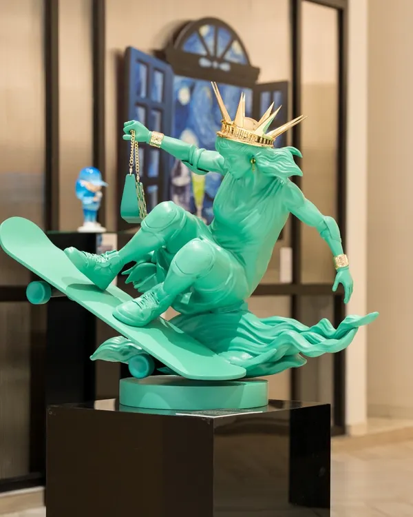 This is where heritage meets hustle. I reimagined the Statue of Liberty for the modern age, capturing her in motion on a skateboard, trading her torch for a luxury handbag. This fibre sculptural installation is a bold statement on freedom, progress, and individuality in today's world.