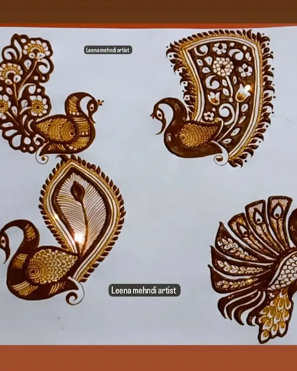 A collection of four different elegant peacock motifs. These can be used as central elements in a bridal design or as standalone features for guest mehndi.