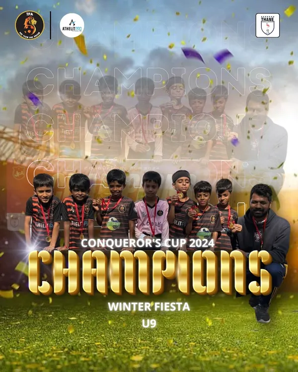 Triple Crown Champions! Our U9 team celebrating their victory at the Conqueror's Cup 2024 Winter Fiesta, one of three age-group titles we won at the tournament.