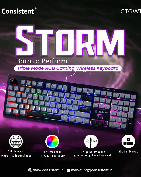 My "Storm" Triple Mode RGB Gaming Wireless Keyboard is built to perform. It connects via Type-C, 2.4G Wireless, or Bluetooth, offering total flexibility, while the 14-mode RGB lighting and anti-ghosting keys provide a competitive edge for any gamer.