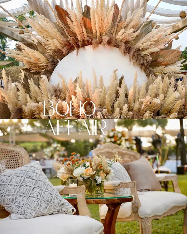 A collage showcasing the key elements of a "Boho Affair". It features a stunning pampas grass moon-gate backdrop and cozy lounge seating with macrame cushions, perfectly capturing the rustic and romantic vibe.