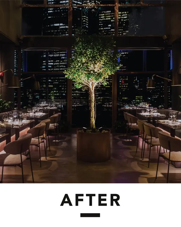 The stunning "After" shot of our One40 Rooftop project in Manhattan. We transformed the space into a refined, warm, and unforgettable hospitality experience, with a central tree bringing a touch of nature to the urban environment.