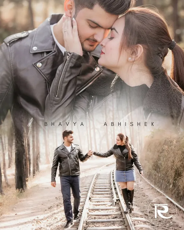 A poster-style collage capturing a couple's adventurous spirit, with a romantic close-up and a shot of them walking hand-in-hand on railway tracks through a forest.