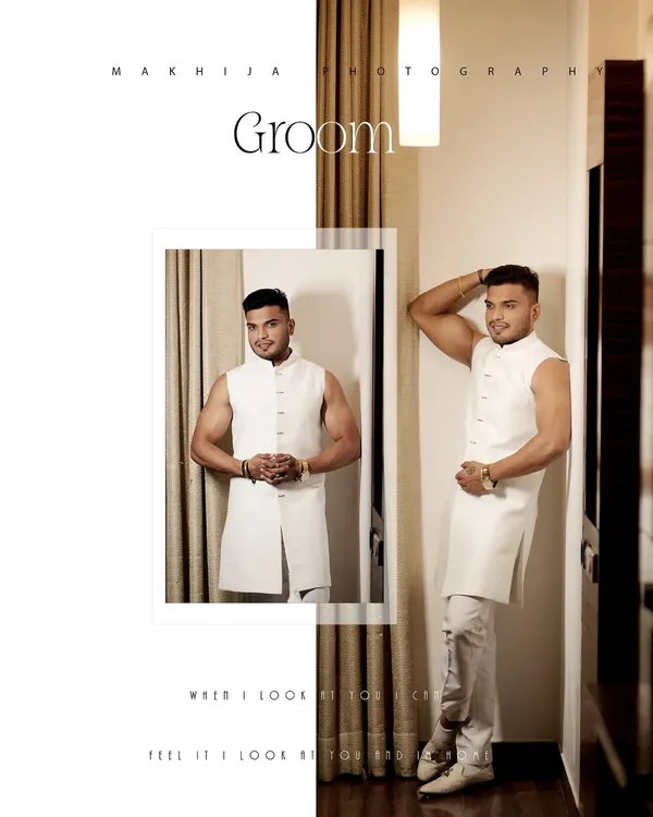A stylish collage of the groom, Kartar, getting ready for his engagement. The mix of a mirror reflection and a confident pose showcases his sharp look and personality.