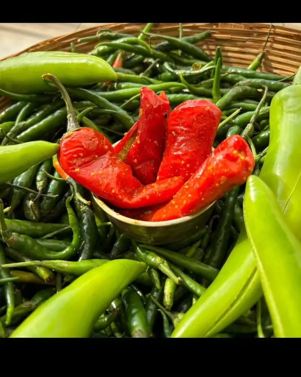 My traditional bharva mirch achar, made with vibrant red chillies stuffed with a fragrant masala mix. It's a feast for the eyes and perfect for those who love a strong, spicy kick in their meals.