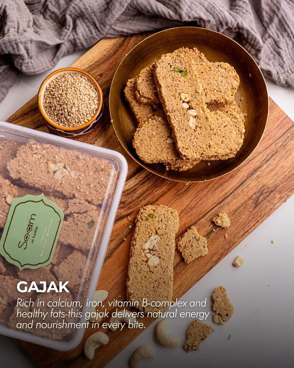 My Gajak is rich in calcium, iron, and healthy fats. This image shows the traditional sweet in its packaging and served in a brass bowl, highlighting its nutritional benefits.