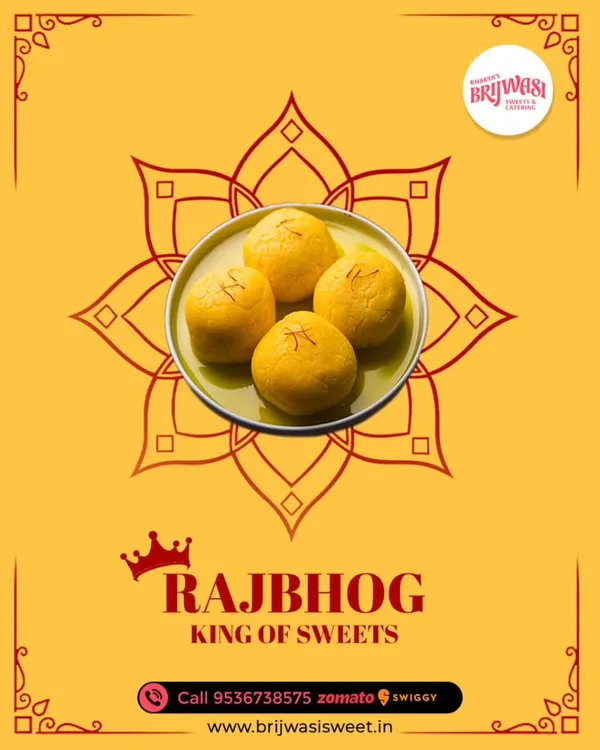 Presenting the Rajbhog, truly the king of sweets. Each piece is a large, soft cheese ball soaked in a saffron-infused syrup, offering a royal treat for your palate.