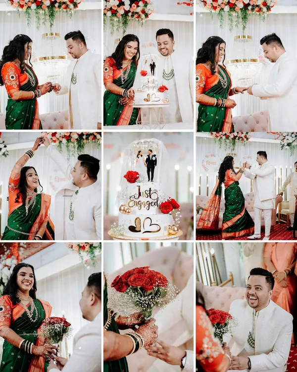 A complete story of an engagement ceremony in one collage. It features the ring exchange, the cake cutting, the couple dancing, and the groom's romantic proposal, capturing all the highlights of the celebration.