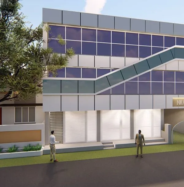 This is a 3D visualization for a modern commercial building in Davangere. The design features a glass curtain wall for ample natural light and a dynamic, angled exterior staircase, creating a strong visual identity for the business.