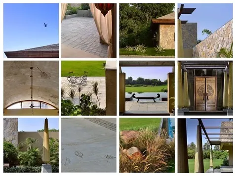 This collage captures the essence of a project through its details: the texture of a stone wall, the pattern of a laser-cut door, the reflection in a pool, and the form of a sculptural column. It reveals the connected narrative and material palette of the home.