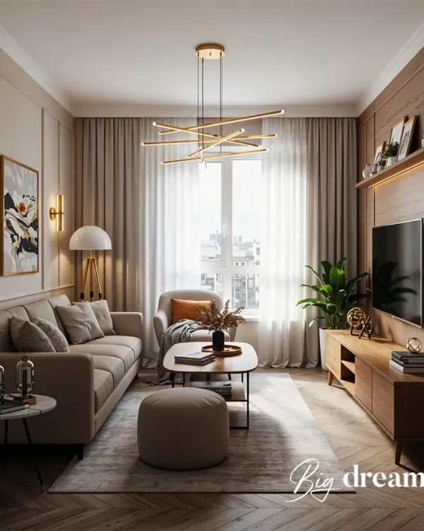We believe a home should be a masterpiece of style and comfort. This living room concept showcases our approach to modern luxury, blending warm wood tones, sophisticated wall paneling, and layered lighting to create an inviting and elegant space.