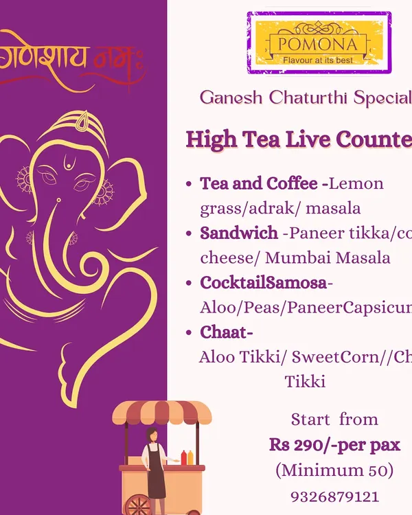 For Ganesh Chaturthi, I offer special high-tea live counters and packed food boxes. This menu includes festive favourites like chaat, sandwiches, and cocktail samosas to treat your guests.