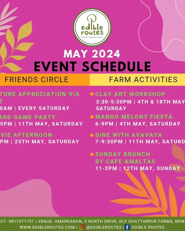 Our event schedule for May, packed with activities like a Clay Art Workshop, Mango Melony Fiesta, and a special Sunday Brunch. Mark your calendars!