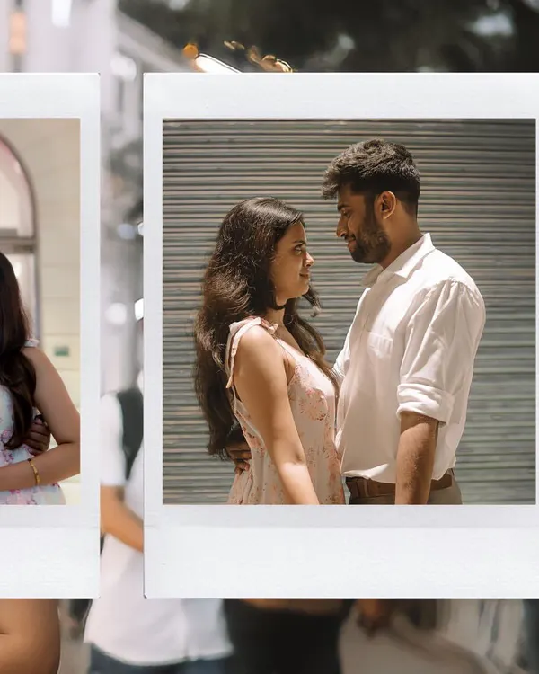 A creative shot from a couple's photoshoot, edited with a polaroid frame style. This captures an intimate, close-up moment that feels both modern and nostalgic.
