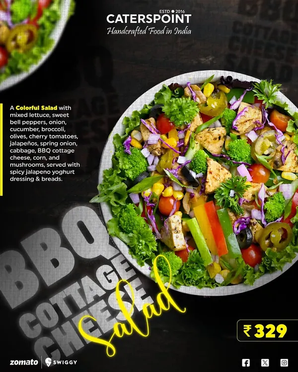 Our BBQ Cottage Cheese Salad is a colorful and protein-packed meal for the modern hustler. It's a mix of lettuce, bell peppers, broccoli, olives, and BBQ cottage cheese, served with a spicy jalapeno yogurt dressing.