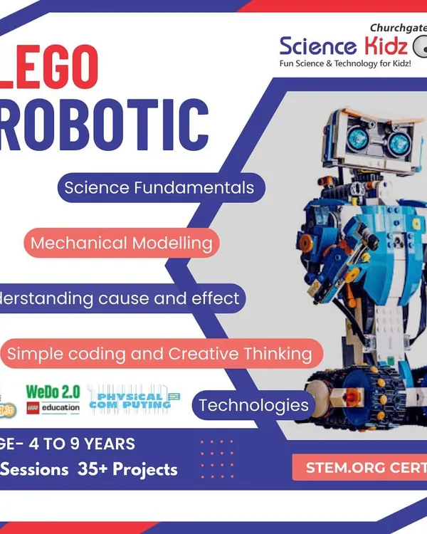 This flyer for our LEGO Robotic course at the Churchgate center gives a clear overview of what we teach. We cover science fundamentals, mechanical modeling, and creative thinking through over 30 sessions and 35 projects for kids aged 4 to 9.