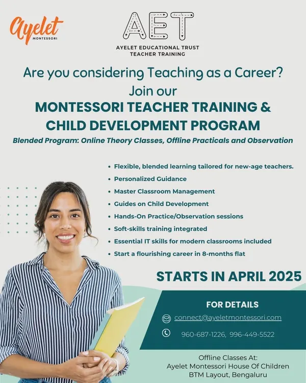 This flyer details my comprehensive Montessori Teacher Training and Child Development program. It's a blended course combining online theory with offline practicals, designed to make you a job-ready, confident Montessori guide in just eight months.