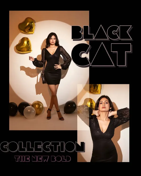 A collage for a fashion brand's "Black Cat Collection". This format is great for social media, showing multiple angles and the overall vibe of the collection in one post.