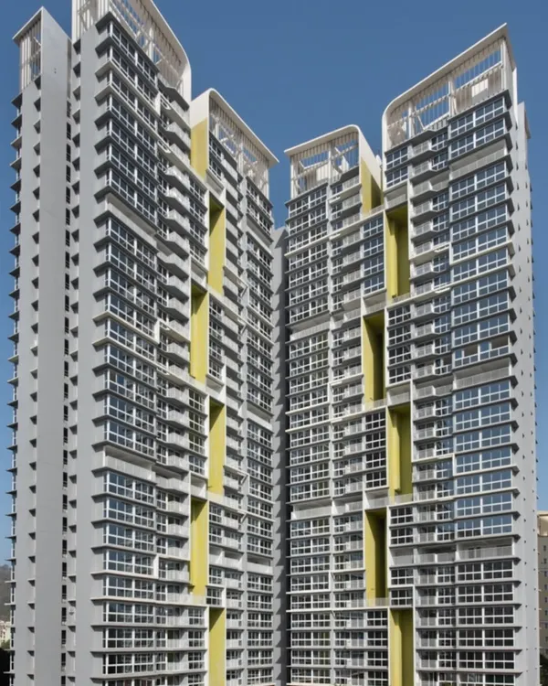 A frontal view of the Serein towers, emphasizing the verticality and modularity of the design. The interplay of glass, concrete, and colored panels creates a visually interesting facade that is both modern and functional for residential living.