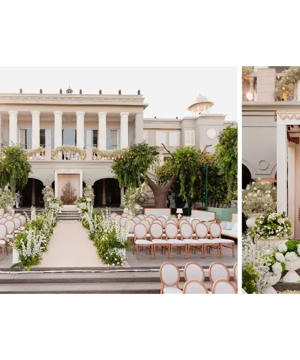 A soft sunrise wedding with a view. We designed this elegant ceremony with Mahal-style guest seating and a sculptural floral tree as the focal point, all in a pristine palette of whites and greens against the palace backdrop.