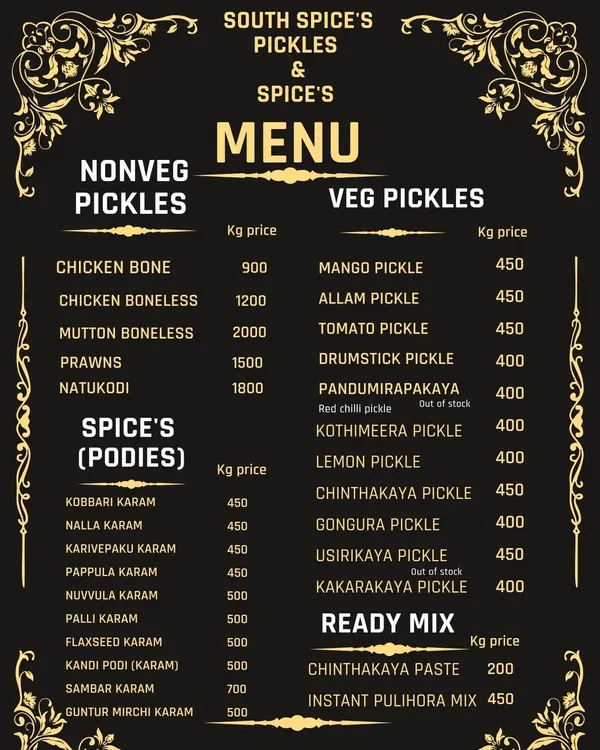 Here is the complete menu of all my homemade pickles, spice powders (podis), and ready mixes. Everything is made fresh after you order, with no preservatives or reused oils.