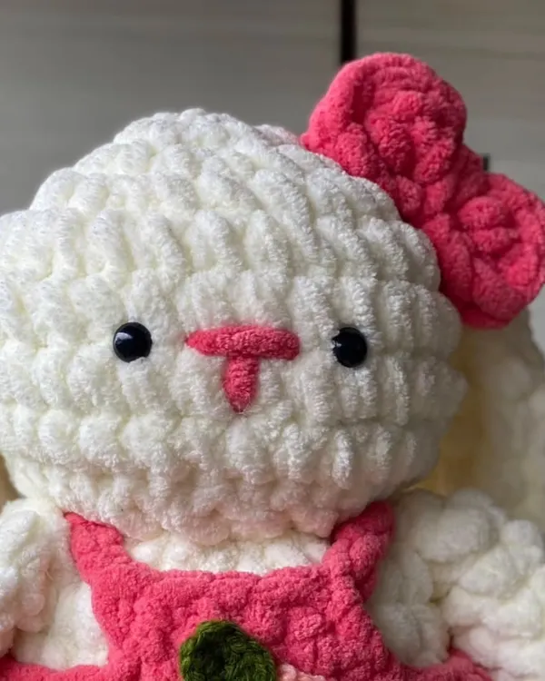 This is my Pookie Bunny, a super soft and cuddly friend made from plush yarn. I designed her with a sweet expression and a cute little outfit to make her extra special.
