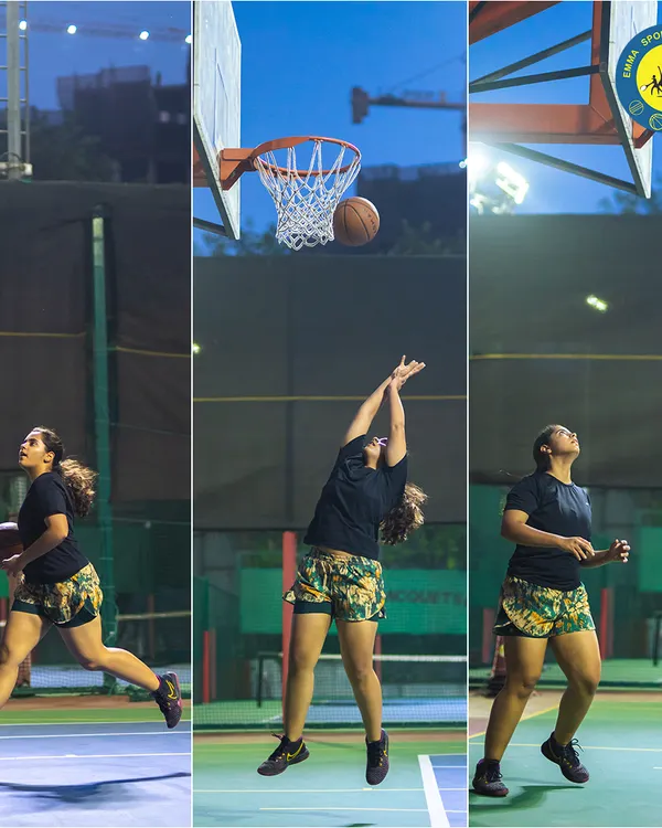 This sequence captures the perfect layup from start to finish. A player drives to the hoop, jumps, and scores, demonstrating the skill and athleticism honed on our court.