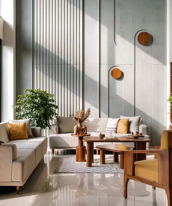 This double-height living room from our Amber House project is the heart of the home, designed as a warm, earthy haven. We used a textured lime plaster on the feature wall, creating a dynamic canvas for the shifting afternoon sun, while custom wooden furniture and mustard yellow accents add warmth and personality.