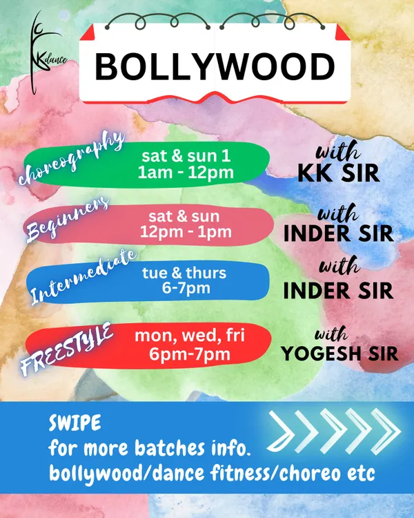 Learn Bollywood in diverse ways. This schedule shows our different Bollywood batches, including choreography, beginners, intermediate, and freestyle classes with our expert instructors.