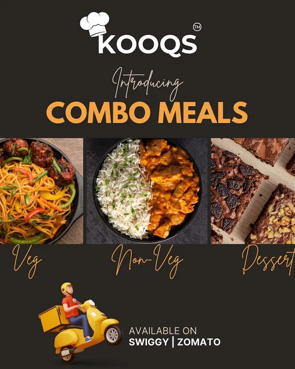 An overview of our signature combo meals, available for delivery. This graphic showcases our popular options: a veg combo with noodles and manchurian, a non-veg combo with rice and curry, and our assorted brownies for dessert.