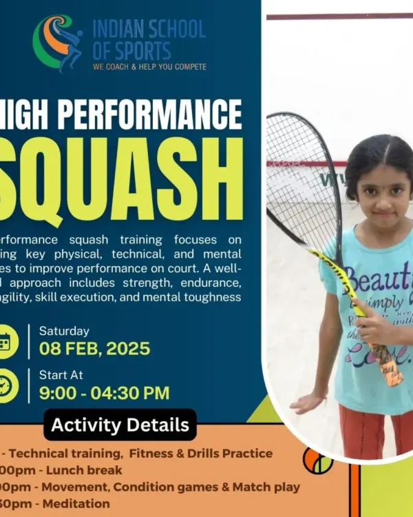 An announcement for our High Performance Squash workshop. These intensive, full-day sessions are designed to elevate a player's physical, technical, and mental game.