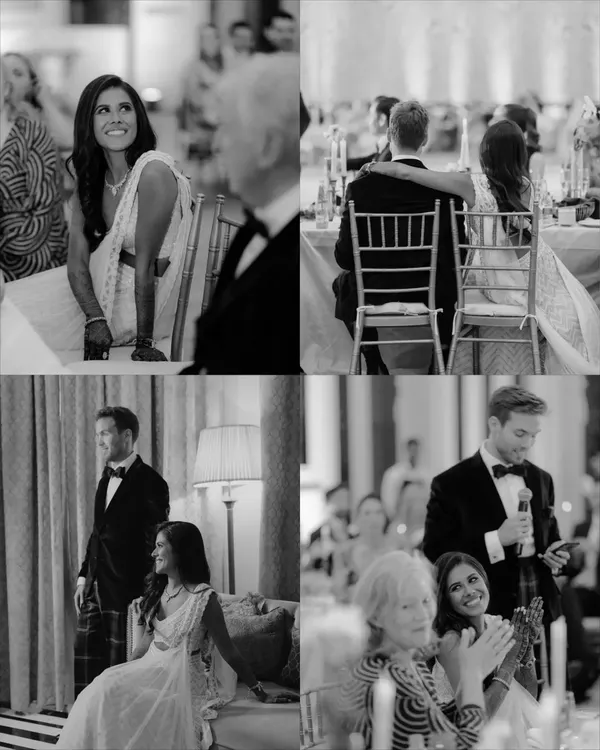 A collage of black and white candid moments from a wedding reception. These images capture the heartfelt speeches, the loving glances, and the warm atmosphere of the evening.