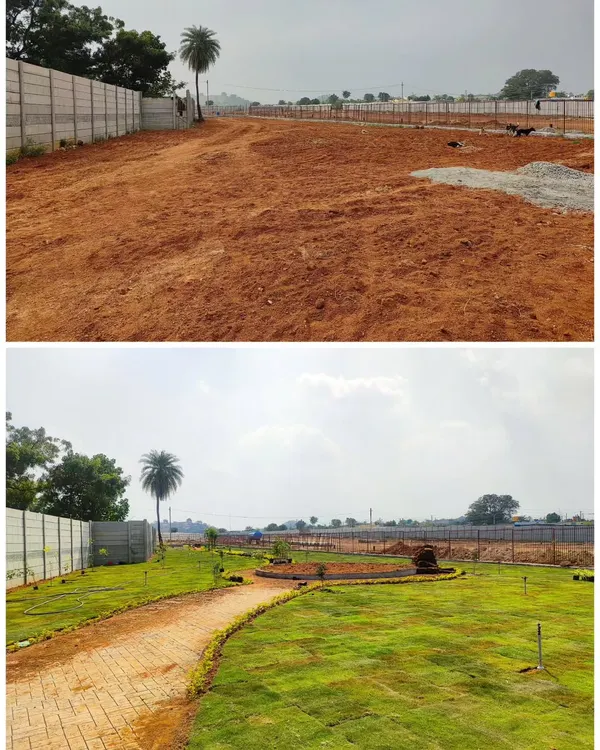 A complete park landscaping project, showing the transformation from a barren plot of red soil to a lush green park with a paved walkway and newly planted trees.
