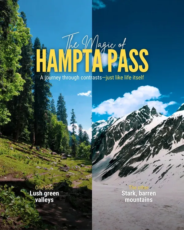 The magic of Hampta Pass lies in its contrasts. This graphic shows the two worlds of the trek: the lush, green Kullu valley on one side and the stark, barren mountains of Spiti on the other.