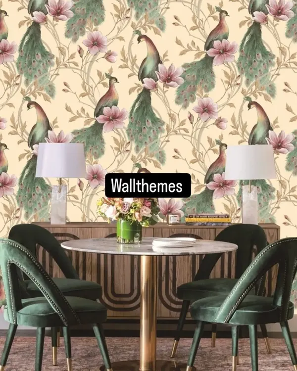 A dining room featuring a beautiful wallpaper with peacocks and pink flowers on a cream background.