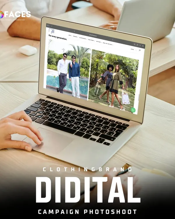 An image of a laptop displaying a clothing brand's digital campaign, created by our team. We design and shoot content that is optimized for website banners, lookbooks, and online advertising.