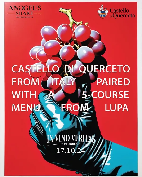 The official poster for an 'In Vino Veritas' wine dinner featuring Castello di Querceto from Italy. This event offers a 5-course menu paired with exceptional Chianti Classico, providing an educational and delicious experience for wine lovers.