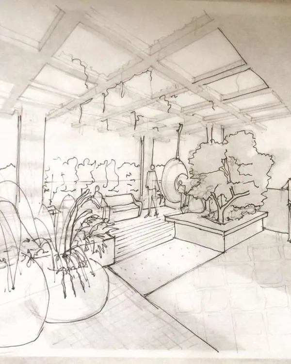 A preliminary concept sketch for a terrace garden. This type of freehand drawing is a crucial first step in our process, allowing us to quickly visualize and communicate the spatial arrangement and key features of a new landscape design.