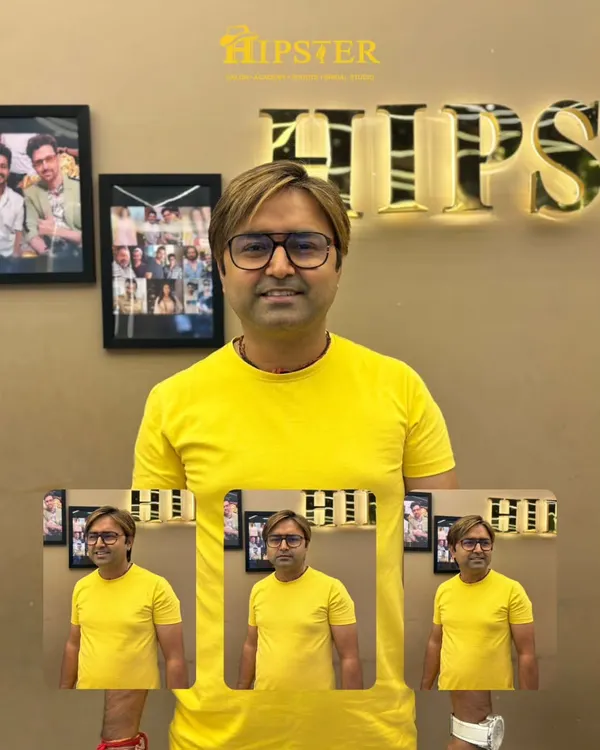 A collage showing a male client's hair color transformation. The new, lighter shade gives him a bold and fearless look, proving that men can have fun with color too.