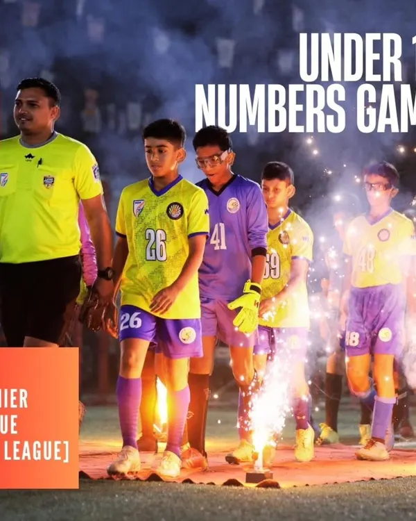 A graphic celebrating our U13 team's journey in the Leno Premier League, where they were unbeaten champions of the Thane edition.