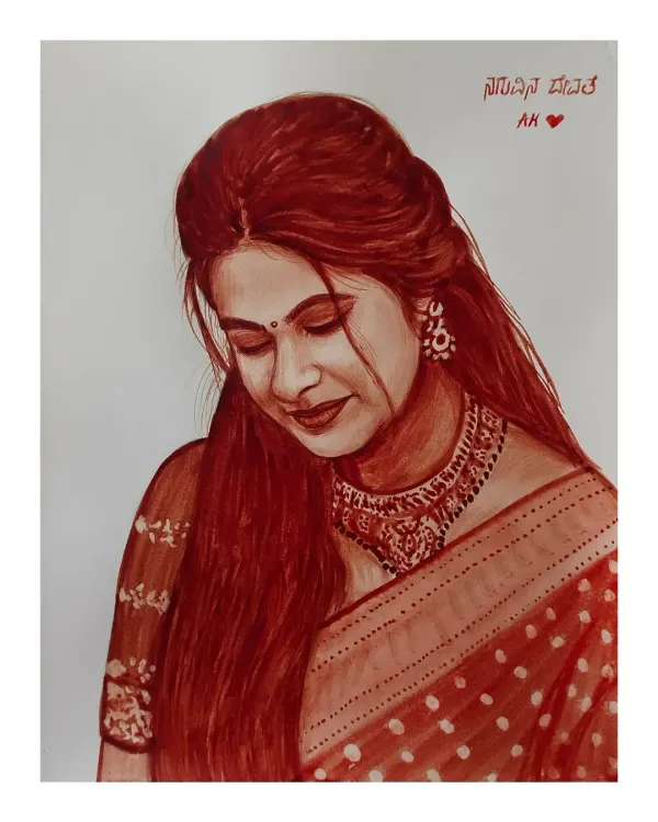 A beautiful blood portrait capturing a serene expression, with a personal message written in Kannada. I can add custom text in English or Kannada to any piece.