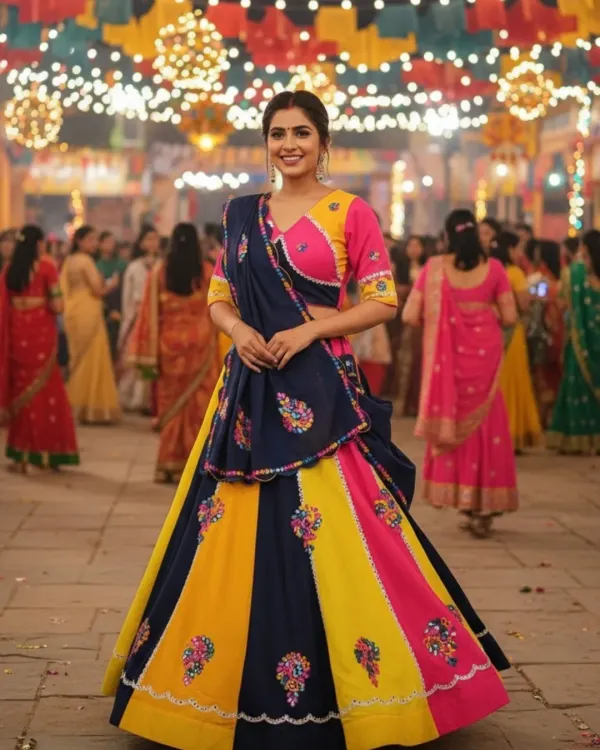 Get ready for Dandiya nights with this beautiful and colorful Navratri chaniya choli. The combination of navy, yellow, and pink with traditional embroidery is perfect for festive celebrations.
