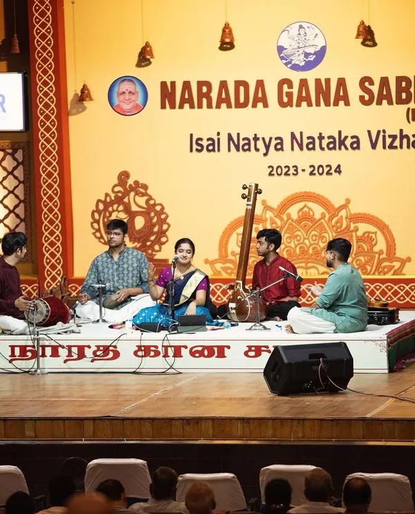 A wide view of the stage at the prestigious Narada Gana Sabha. A full kutcheri is a team effort, and the energy shared between me and my co-artists on violin, mridangam, ghatam, and tambura is what brings the performance to life.