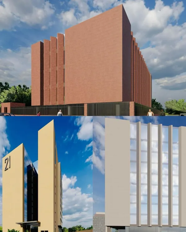 A collage illustrating our design philosophy of 'Alankar', or beauty with meaning. It shows how different facade treatments, from textured brick to sleek glass and vertical fins, can be used to create architectural poetry.