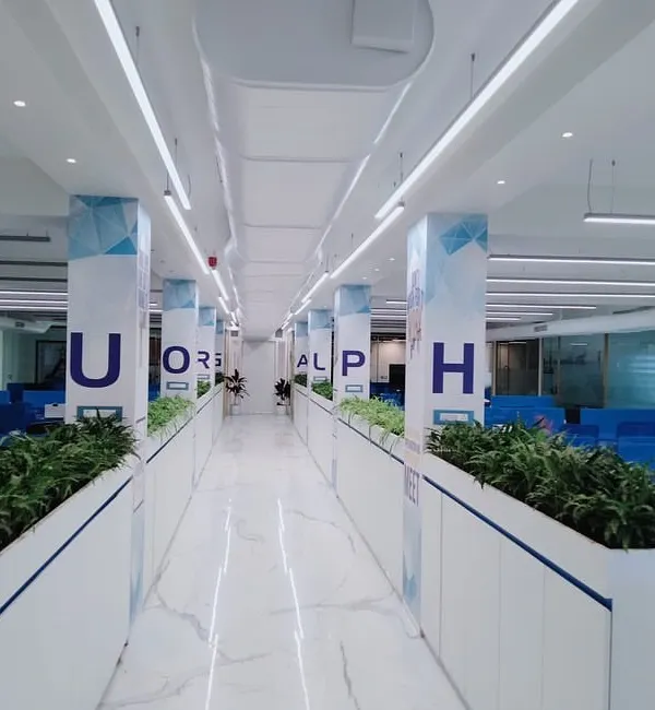 In this large open-plan office, we used custom-built planters to create natural, green dividers between workspaces. This biophilic design approach helps to define zones, reduce noise, and improve air quality without building solid walls, fostering a more collaborative and healthier work environment.