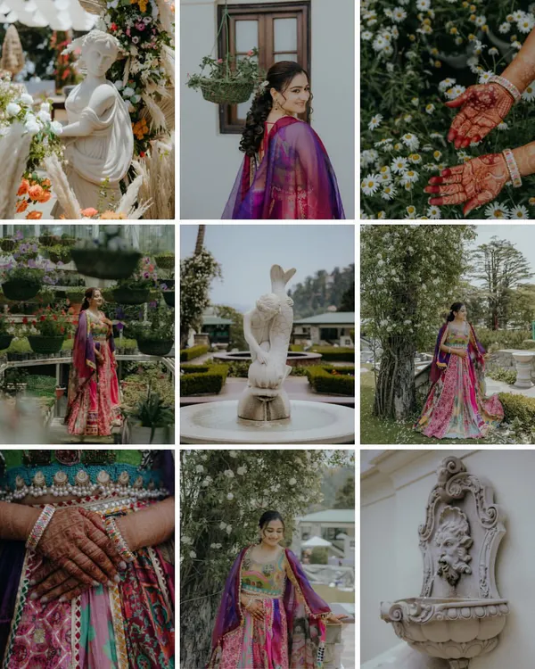 A collage of a beautiful garden Mehendi, showing the bride's colorful outfit, intricate henna details, and the lush decor. We capture the overall aesthetic of the event.