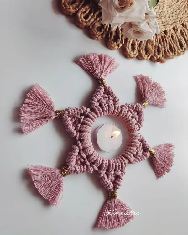 A beautiful star-shaped macrame tealight holder or placemat. This simple beauty can be a great addition to your table decor, used with a candle or a small flower vase.