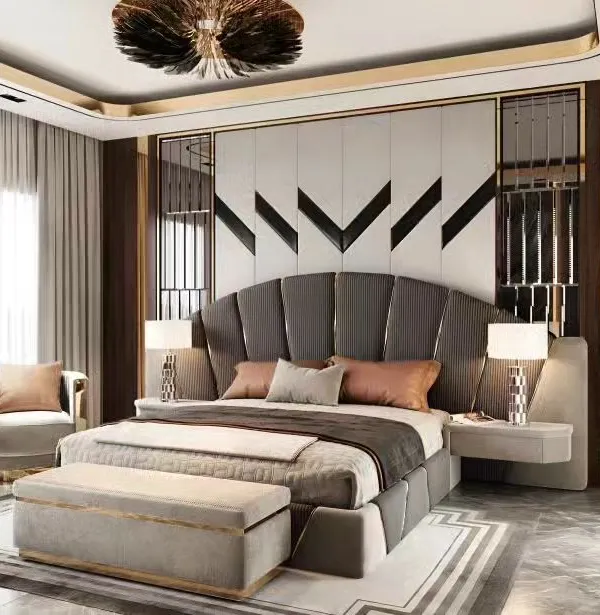A luxurious master bedroom featuring a dramatic winged headboard, geometric wall paneling, and a stunning feather-like chandelier. The design uses a rich combination of textures and metallic accents for a high-end feel.