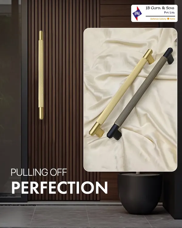 Pulling off perfection. These sleek, modern door handles in brushed gold and textured black finishes add a touch of understated elegance to any entrance.