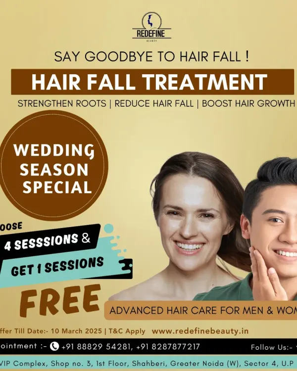 Getting ready for a big event? Our wedding season special offers a free session with the purchase of four hair fall treatment sessions, perfect for both men and women looking to boost hair growth and reduce hair fall.
